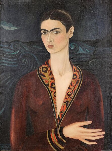 A portrait of Frida Kahlo, titled "Self-Portrait in a Velvet Dress," depicting the artist in a richly detailed red velvet dress against a dark, swirling background.